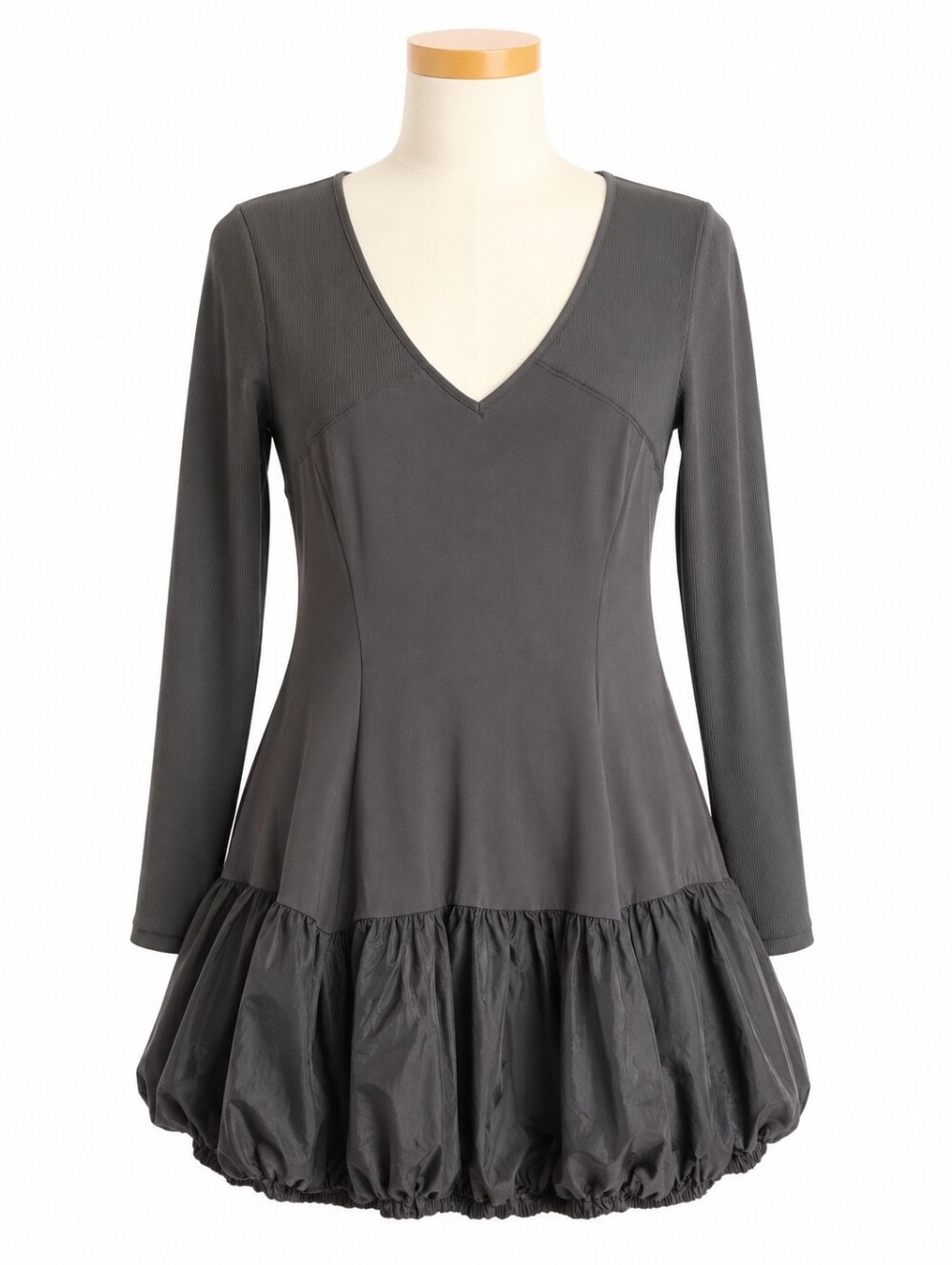 Sun Light Women's Brown Scuba Knit Bubble Hem V-Neck Mini Acadie Dress 4 Artsy
